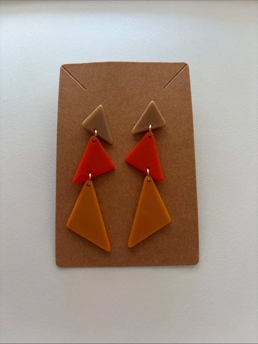 Fashion Jewelry Tri-Tier Geometric Drop Earrings in Beige, Red, and Mustard